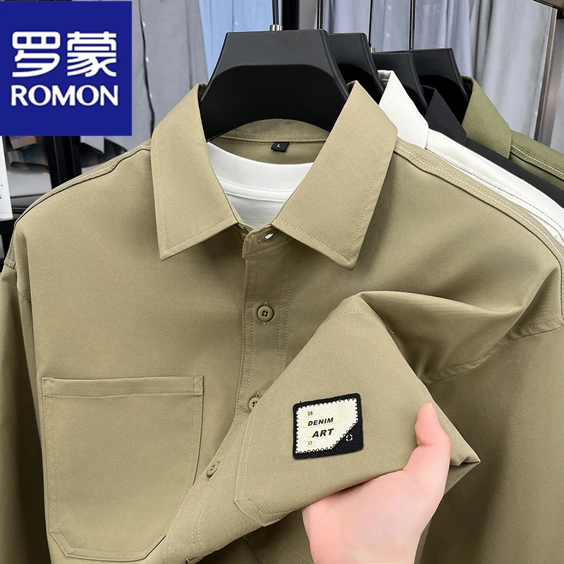 Romon/罗蒙2025春季新款时尚休闲男士长袖纯色衬衫柔软舒适耐穿