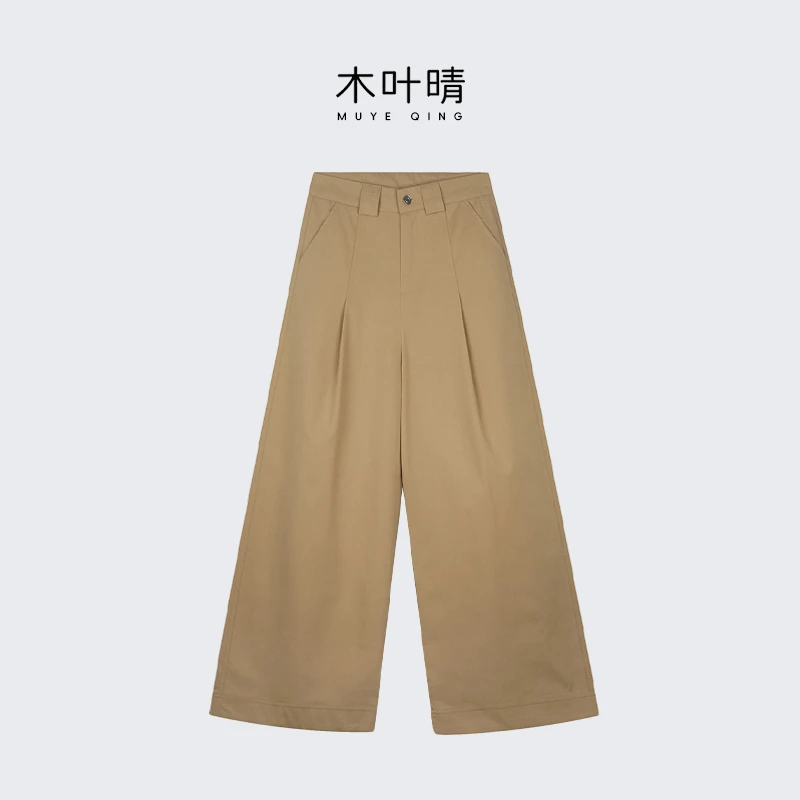 ZZR2025春夏新款网红小众高级感卡其色纯色阔腿中腰拖地裤西装裤