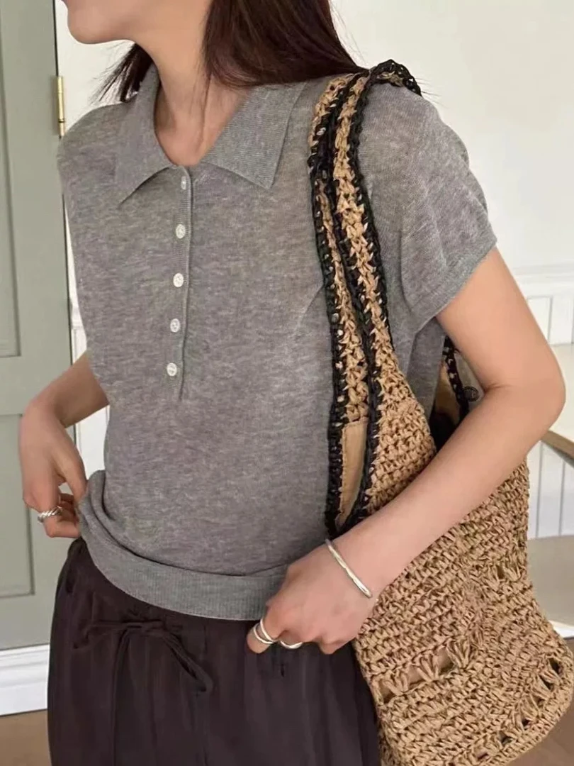 【粉风】东大门.much more复古简约翻领Polo小飞袖短袖针织衫