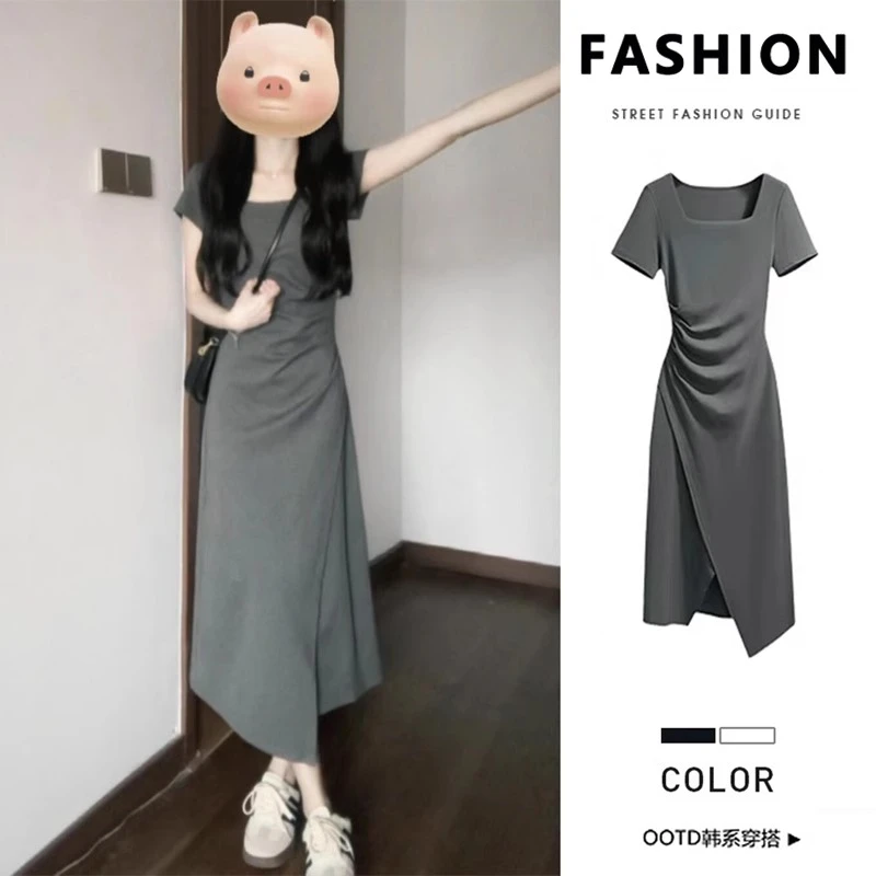 法式气质灰色连衣裙女夏季短袖2025新款开叉小个子收腰显瘦长裙子