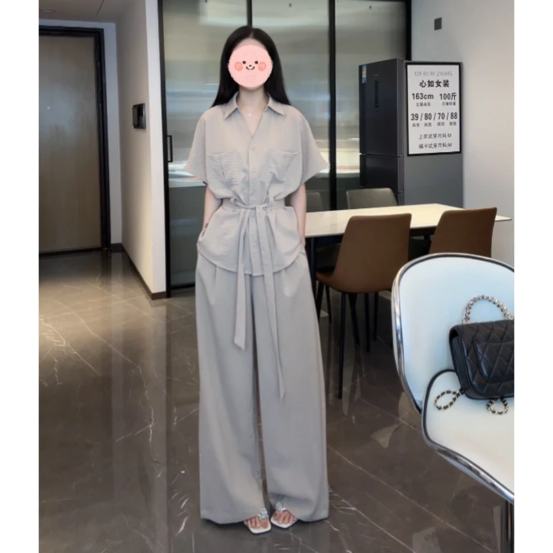 夏季新款绑带收腰衬衫上衣百搭时尚气质高级感阔腿裤显瘦两件套装