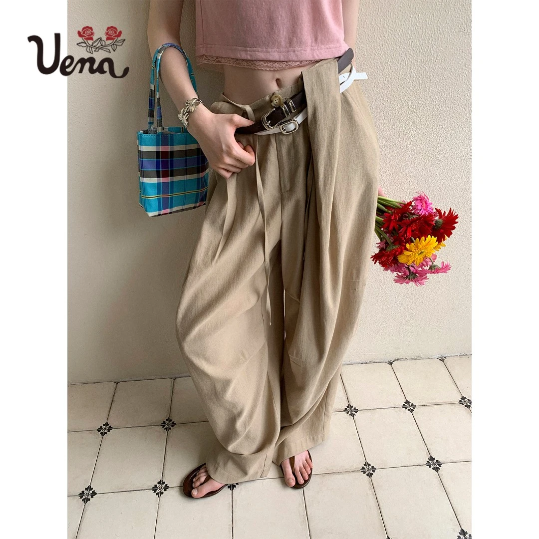 【月桂法典】Uena卡其色打褶直筒宽松休闲裤附可拆卸窄条绑带抽绳