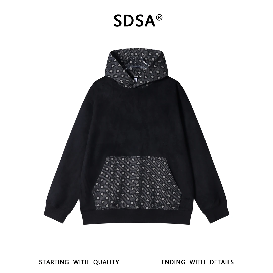 SDSA男士秋冬新款痞帅男装简约时尚爱心拼接撞色连帽卫衣百搭宽松