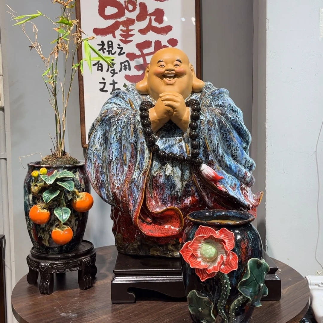 邵***文陶瓷恭喜佛配底座送柿子荷花花瓶