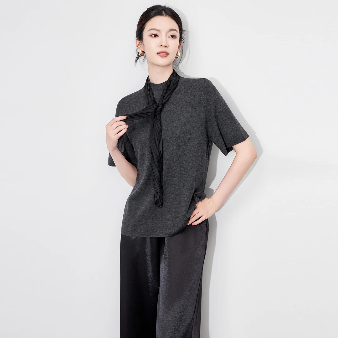 超细美丽诺羊毛气质短袖针织衫2025早秋新款南油上衣内搭打底衫女