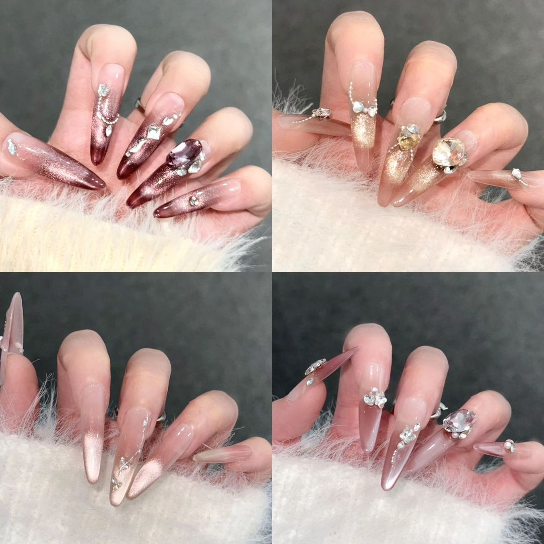 新品春夏季少女纯手工定制美甲侧光渐变猫眼长款细狗可拆卸穿戴甲