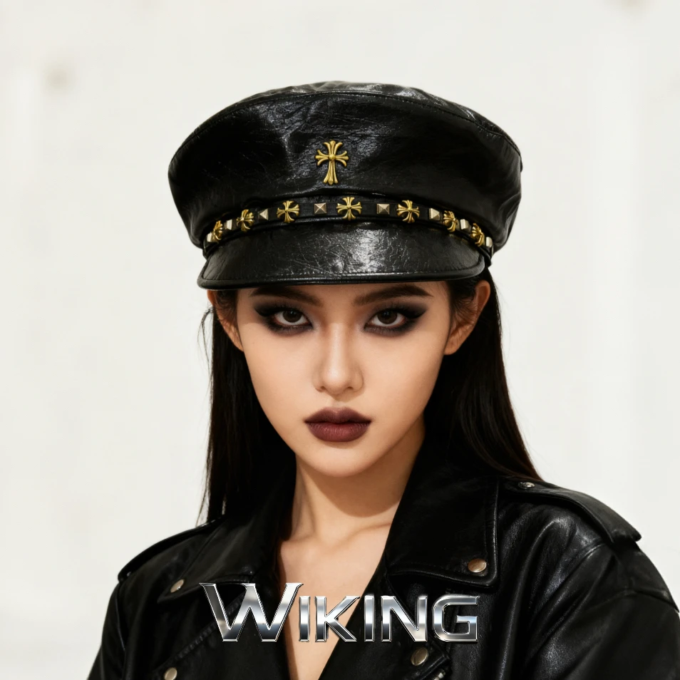 王大嘴原创 “黑金十字”超酷古金十字铆钉皮带皮质八角帽M104