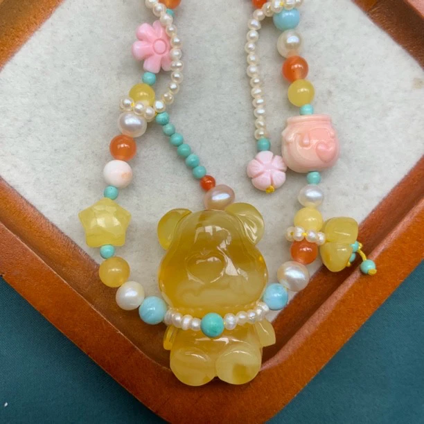 天然琥珀蜜蜡DIY意境妖花小熊套链（抖音基地发货，带证书）