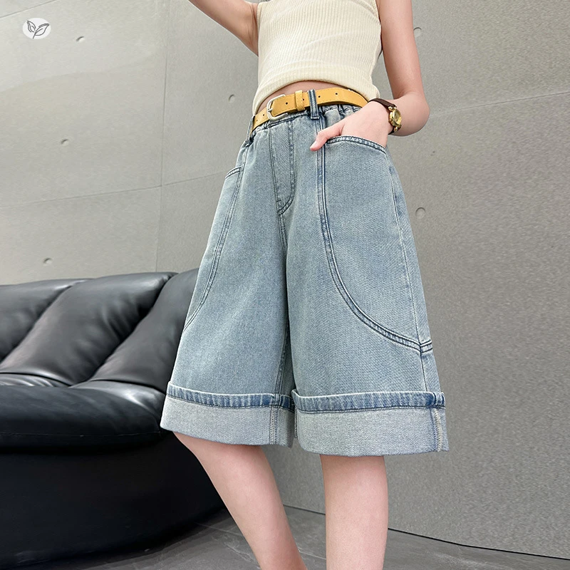 女童裤子夏季新款韩系牛仔裤中裤中大童卷边直筒中裤五分裤阔腿裤