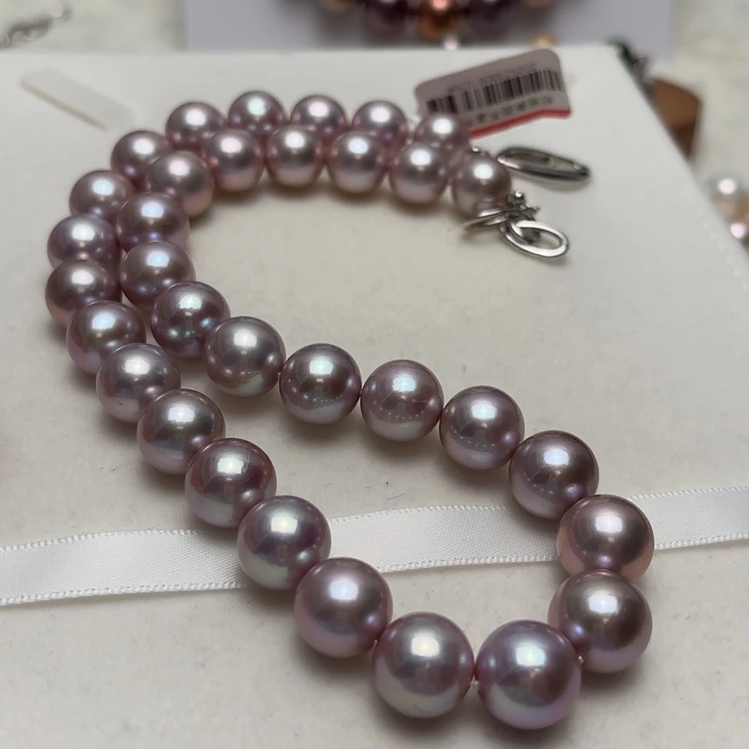 银S925镶嵌淡水珍珠颈饰11-13正圆铂金灰紫