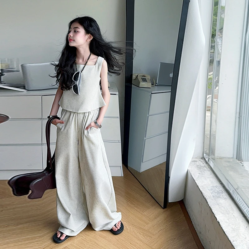 女童夏季套装新款时髦老钱风无袖上衣休闲宽松阔腿裤套装