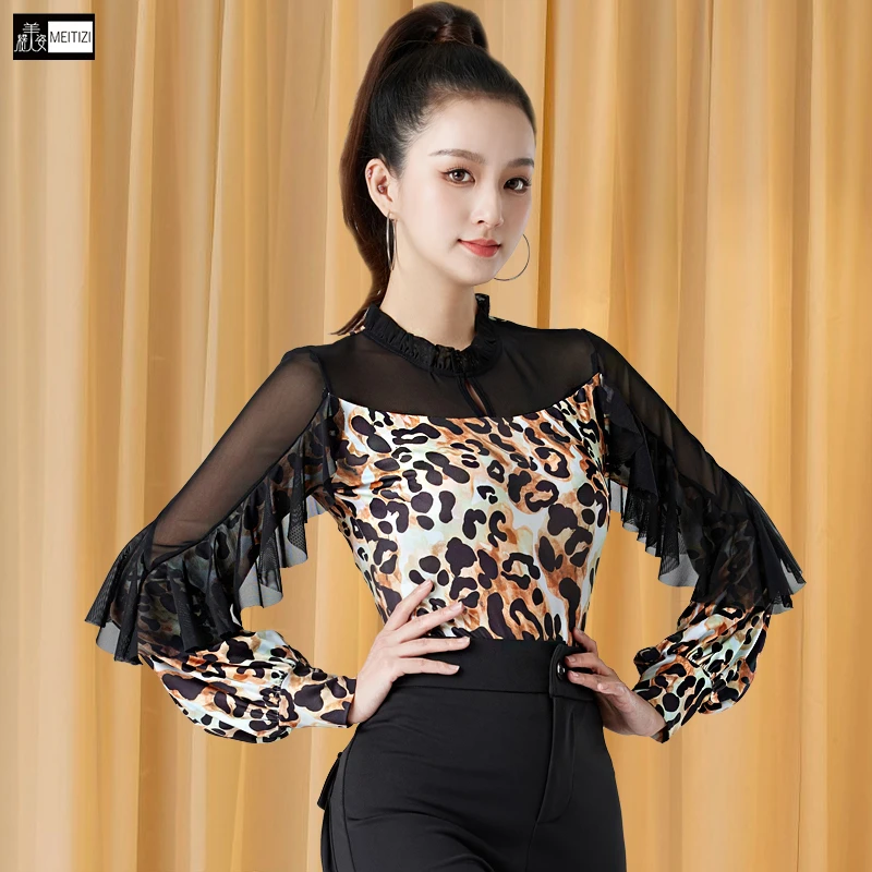 2025拉丁舞练功服女新款跳舞舞衣成人舞蹈服国标舞网纱摩登舞上衣