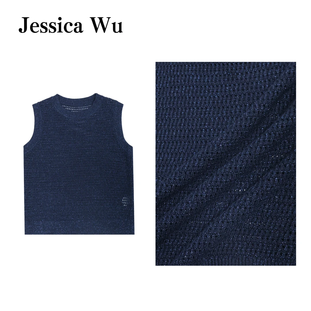 JESSICA WU绝美细闪~金银丝棉麻粗针编织干爽透气极简镂空背心
