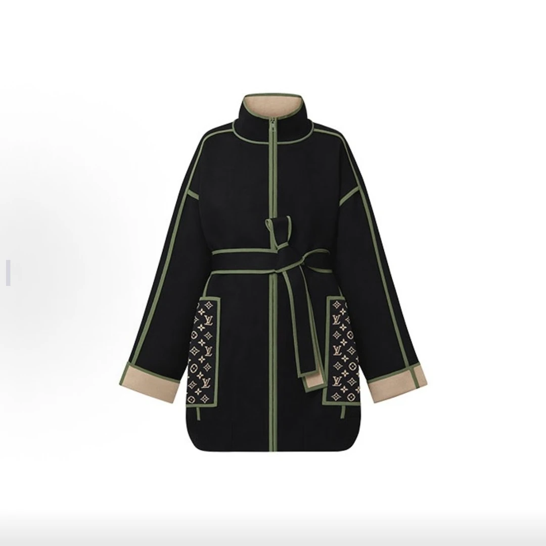 未使用 LouisVuitton/路易威登  黑绿满印logo羊毛大衣/M