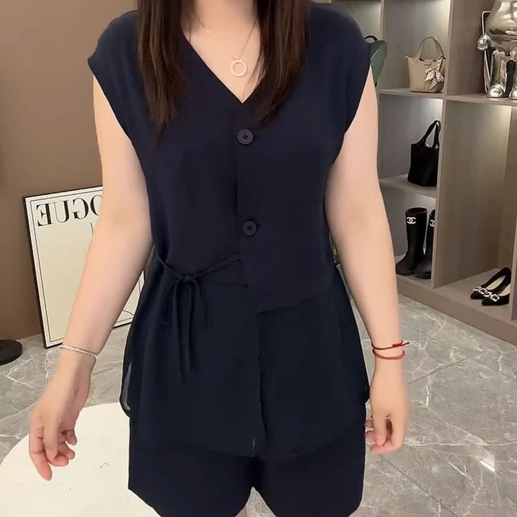 夏季新款时尚简约V领背心套装轻奢显瘦遮肉套装（妈妈装夏季