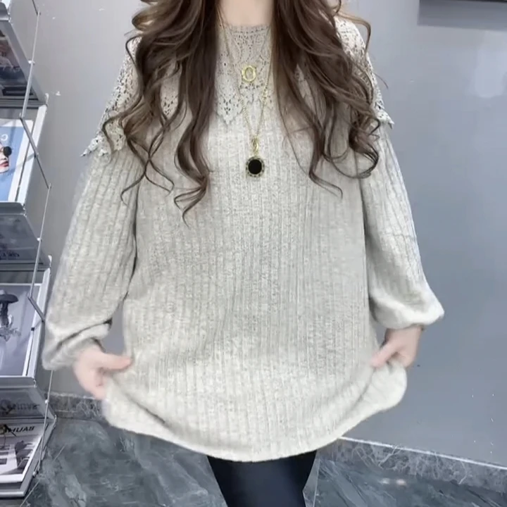 时尚拼接蕾丝中长款秋季休闲大衫显瘦百搭洋气长袖宽松圆领慵懒风