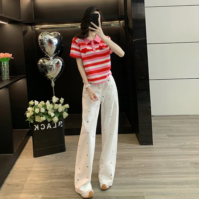 红色条纹polo领针织短袖上衣翻领t恤薄直筒阔腿牛仔裤小个子高腰
