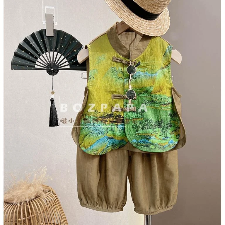 现货啵小爸【千山图】2025夏季男童新中式山水画设计国风背心套装