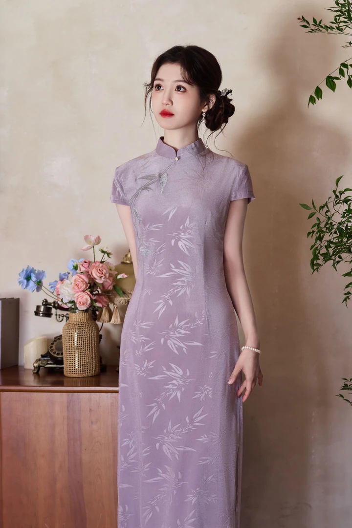 【紫萱】植绒绣花改良旗袍女春修身新中式国风收腰旗袍连衣裙