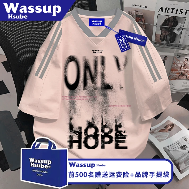 WASSUP HSUBE美式破损字母印花纯棉短袖ins男女夏设计潮流上衣T恤