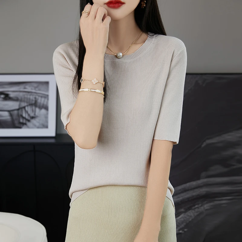 2025新款天蚕丝休闲修身夏季圆领短袖T恤百搭简约