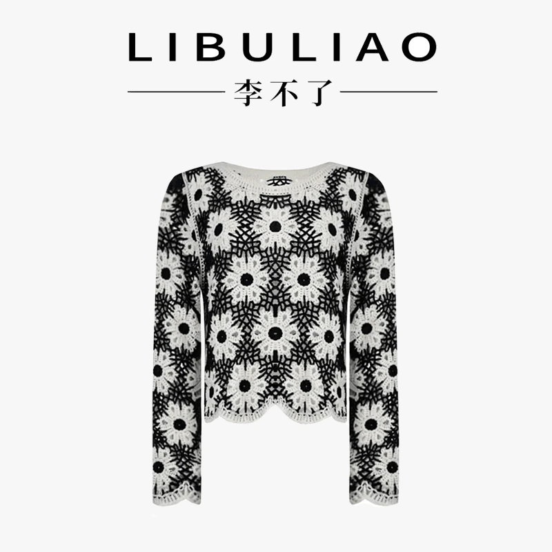 法式圆领钩花镂空拼色长袖针织衫女春夏新款宽松显瘦气质减龄上衣