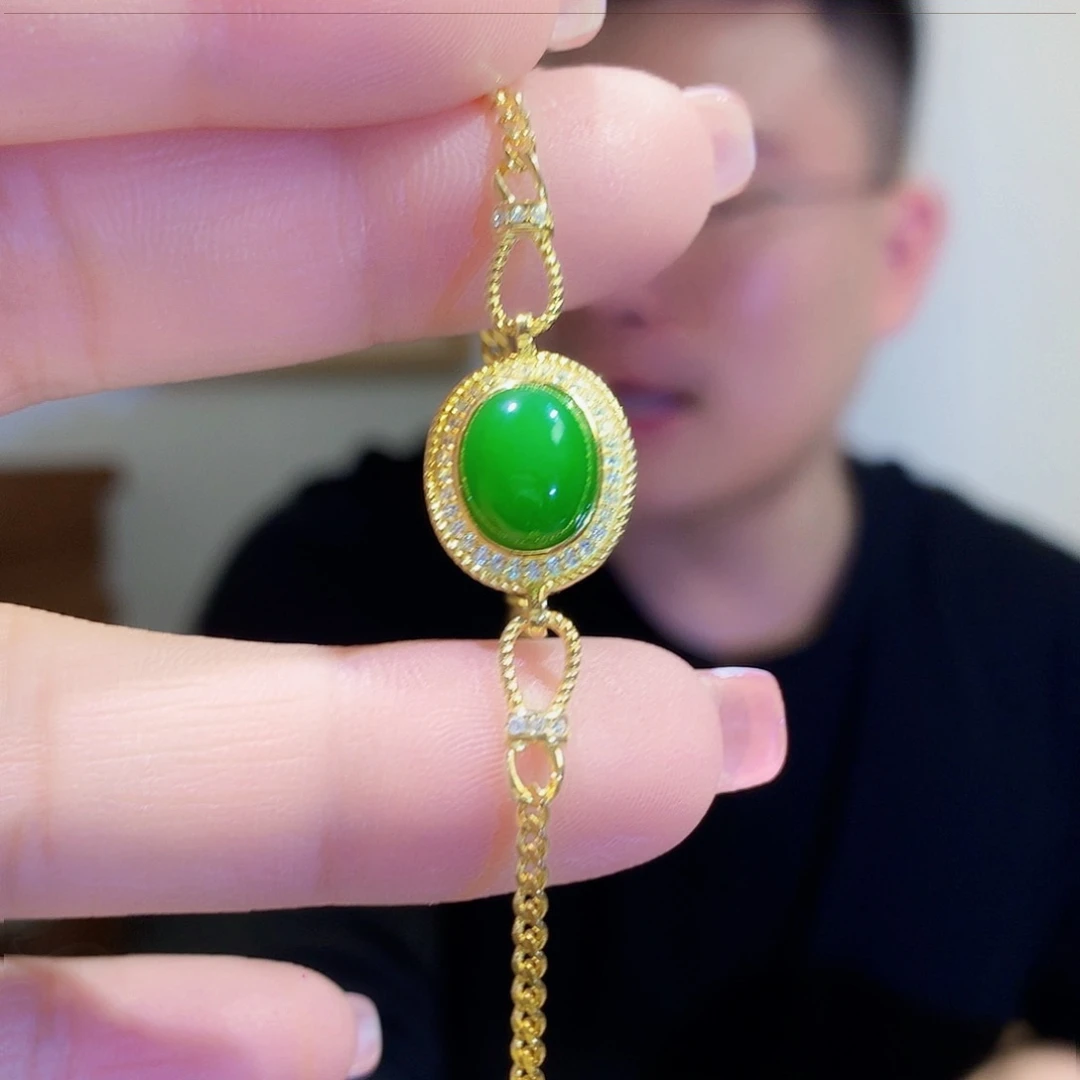 和田玉（碧玉）手链银S925镀金镶嵌