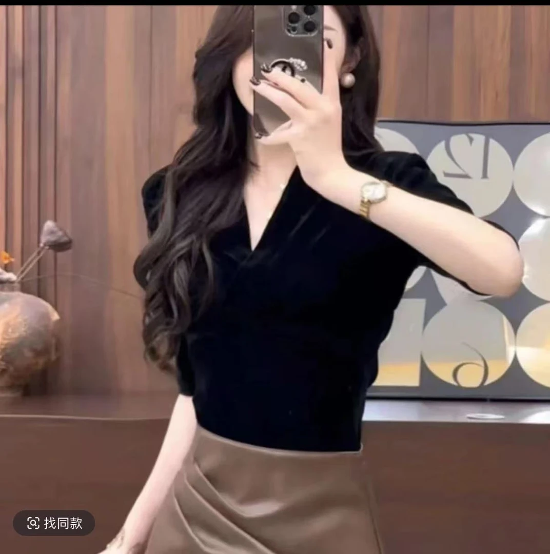 2025秋季新款法式丝绒纯色中袖长袖T恤时尚简约修身上衣