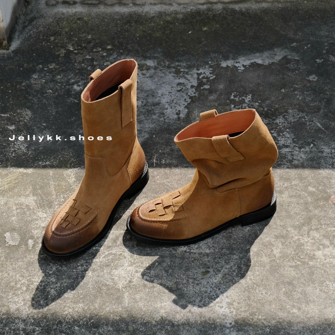 【Jellykk】3cm复古圆头编织风英伦真皮百搭秋冬时装短靴