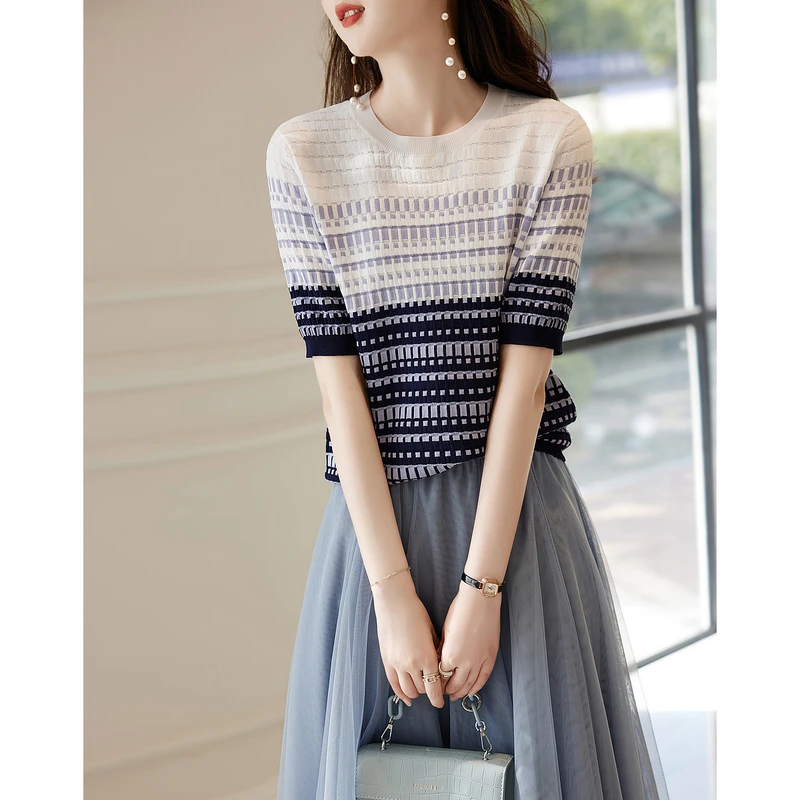 【重百专属】德·玛纳双曲冰麻线衫新款圆领撞色格纹提花中袖针织衫