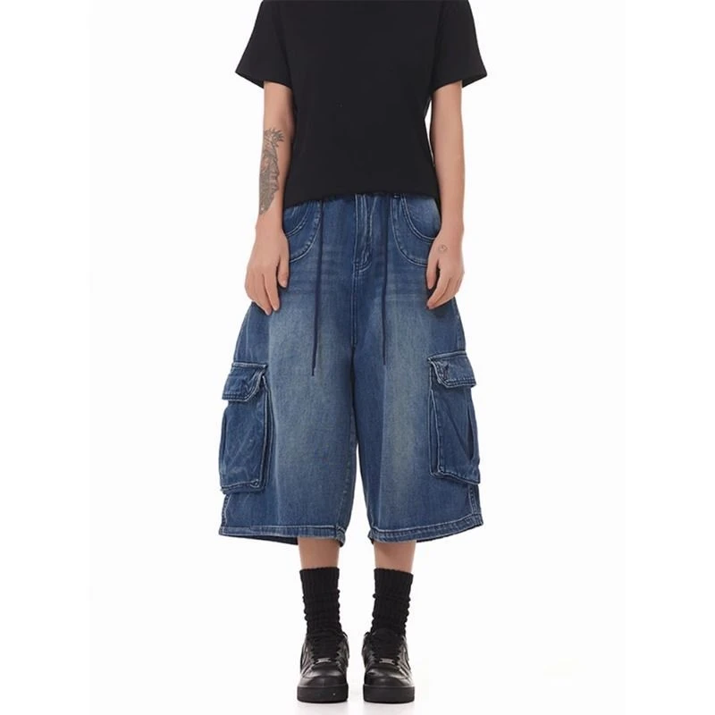 夏季薄款美式水洗宽松多口袋牛仔七分裤男女直筒做旧街头阔腿短裤