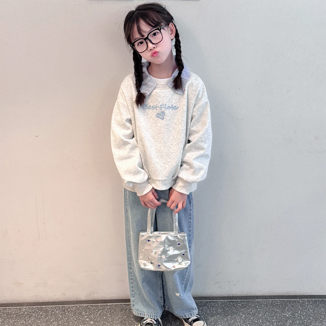 女童长袖2025新款小女孩冬装时髦假两件卫衣儿童冬季网红休闲上衣