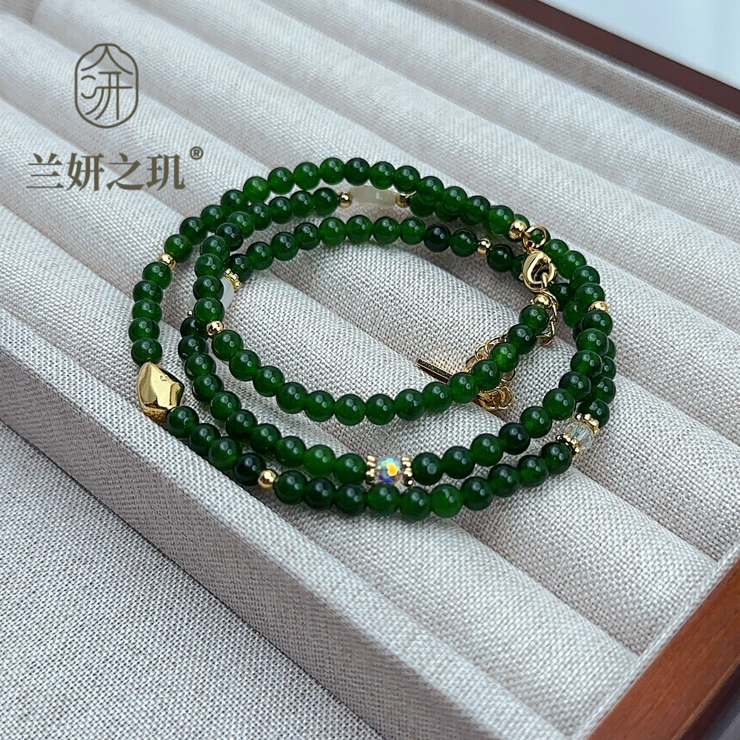 淡水珍珠 天然石圆珠叠戴手链 绿色天然石手串项链两戴 8858