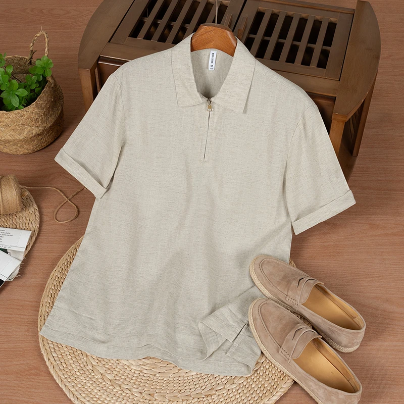 麻尚生活夏季天丝亚麻混纺POLO衫老钱风短袖凉感商务休闲男士透气