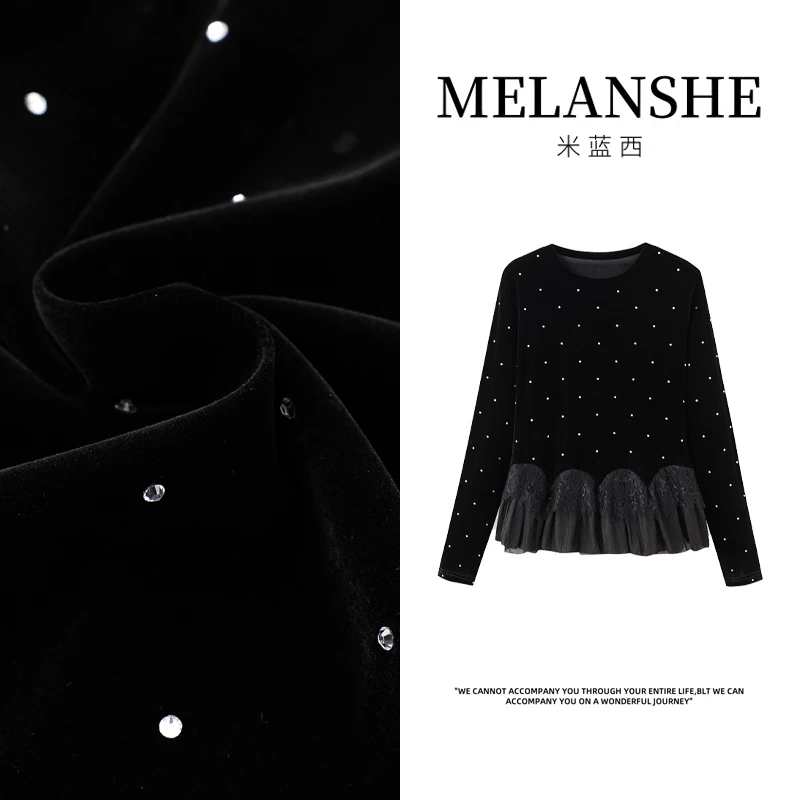 轻熟风时尚法式小众黑色气质绒面上衣秋冬-4064