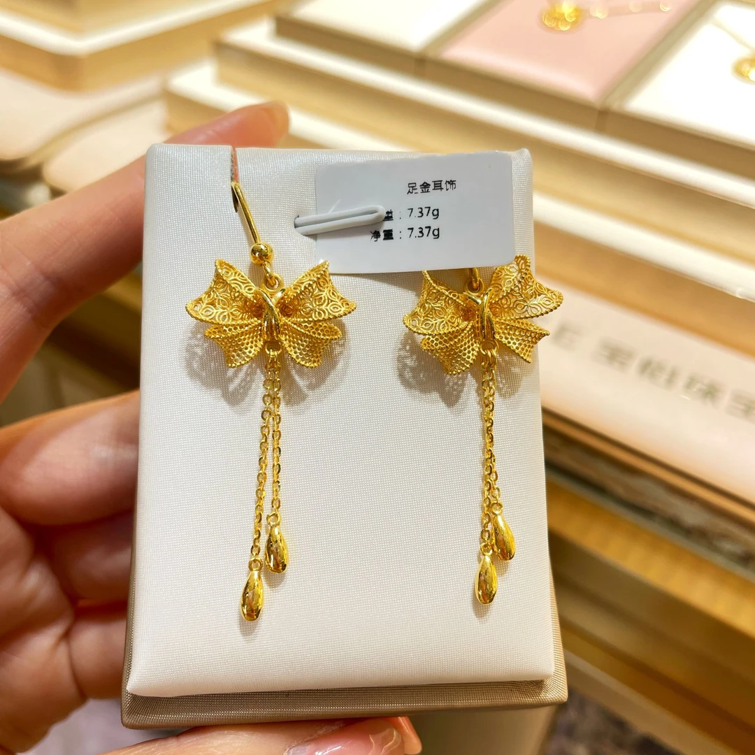 玉匠世家足金999 花丝蝴蝶流苏耳钩