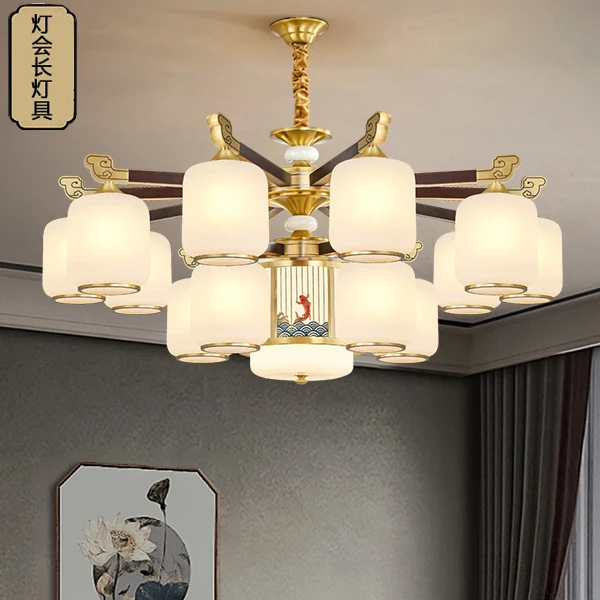 【鱼跃龙门】全铜新中式吸顶灯红木客厅餐厅吊灯中国风别墅卧室灯具