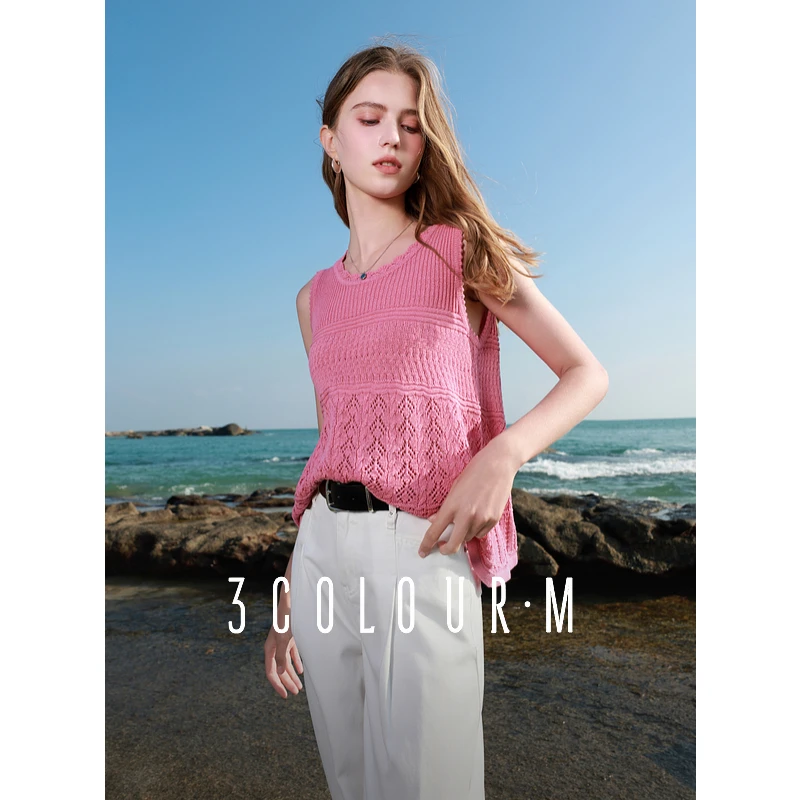 三彩2025夏季新款镂空钩花针织衫无袖圆领度假风套头衫背心女M