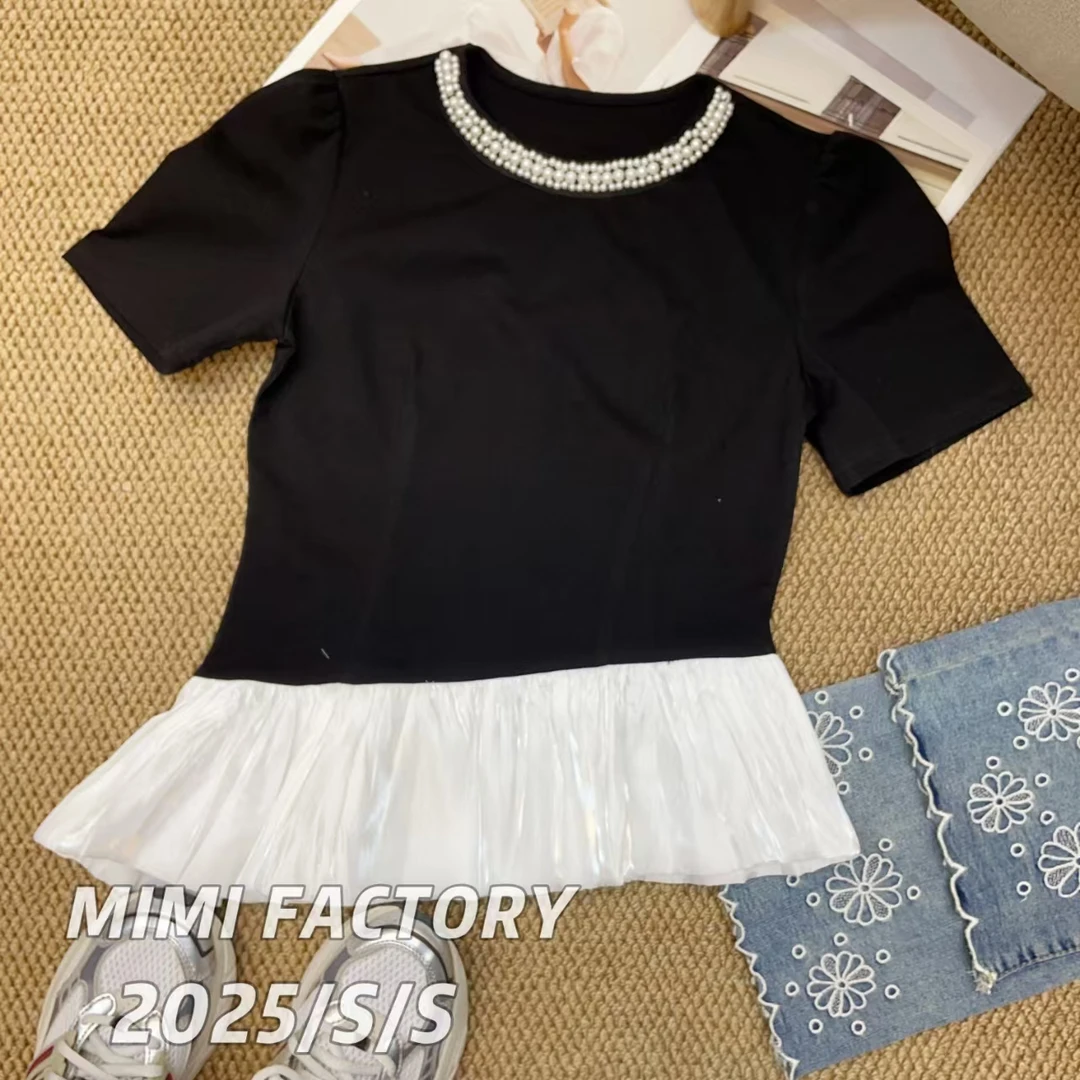 芈芈 2025夏季新款 钉珠下摆网纱设计短袖T恤女修身显瘦上衣4541#