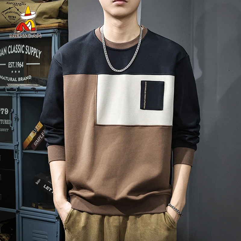 Mexican/稻草人390g重磅复古撞色卫衣男款春季潮流休闲圆领上衣潮