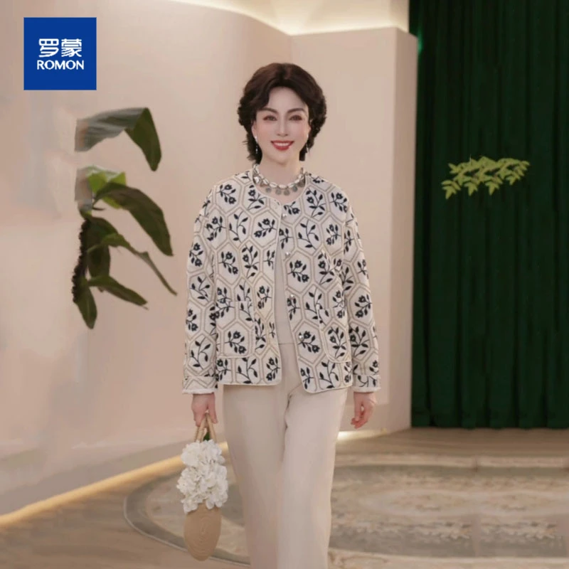罗蒙2025新款中年女短款刺绣外套时尚春季薄款无毛领单排扣宽松