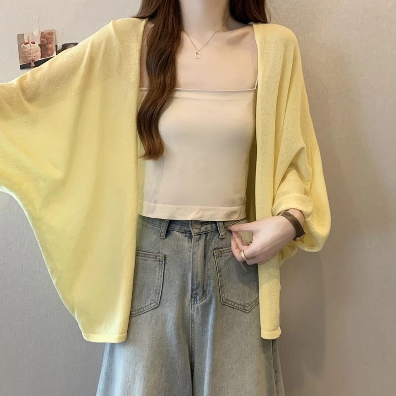 黄色蝙蝠袖薄款针织开衫女士夏季大码胖吊带裙外搭披肩外套上衣