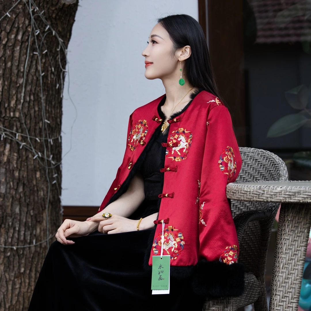 水如画【探花】2025新款冬季新中式国风兔毛上衣厚款外套女款