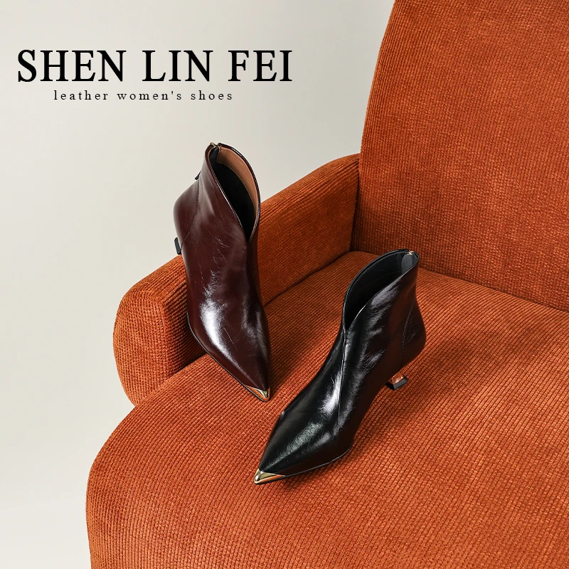 圣琳妃/牛皮/3CM气质尖头时装靴真皮百搭不累脚细跟裸靴D20556