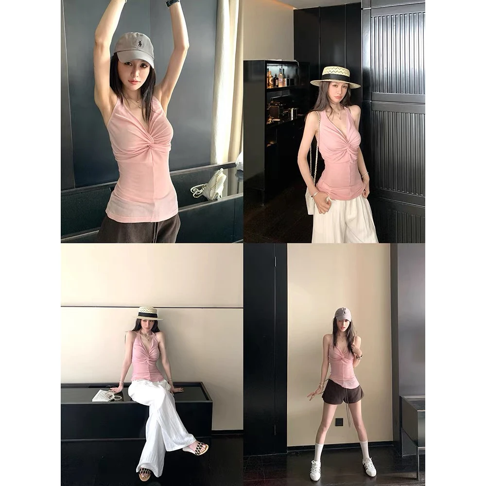 Skk Store 优雅智系 天丝羊毛V领纽结挂脖背心吊带女辣妹修身上衣