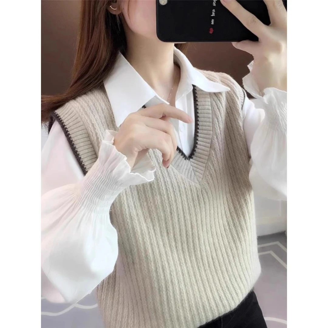 2025网红马夹背心秋冬季外穿新款衬衫两件套女士毛衣马甲针织内搭