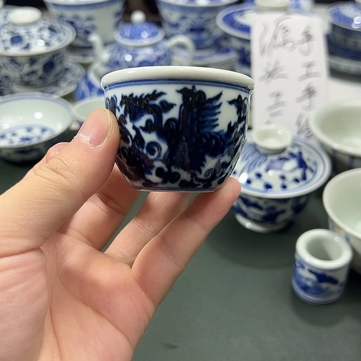 微瑕柴窑缠枝花卉凤凰缸杯小