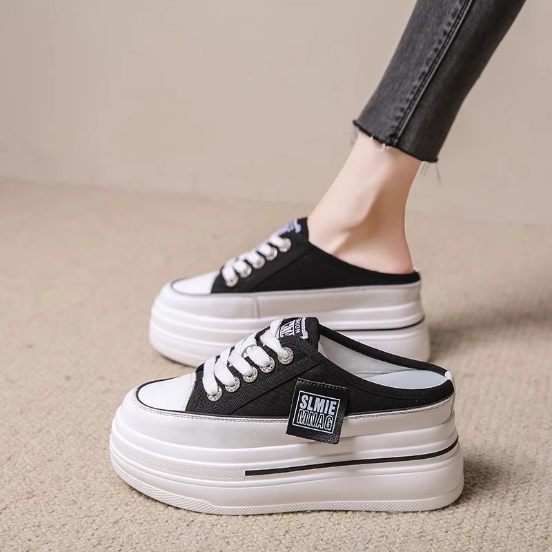 学院风包头半拖鞋女2025年新款无后跟小白鞋子百搭厚底内增高凉拖