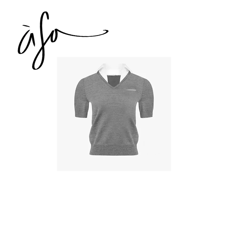 ASA-【拼接衬衫领针织套头短袖上衣an】（dx00088）