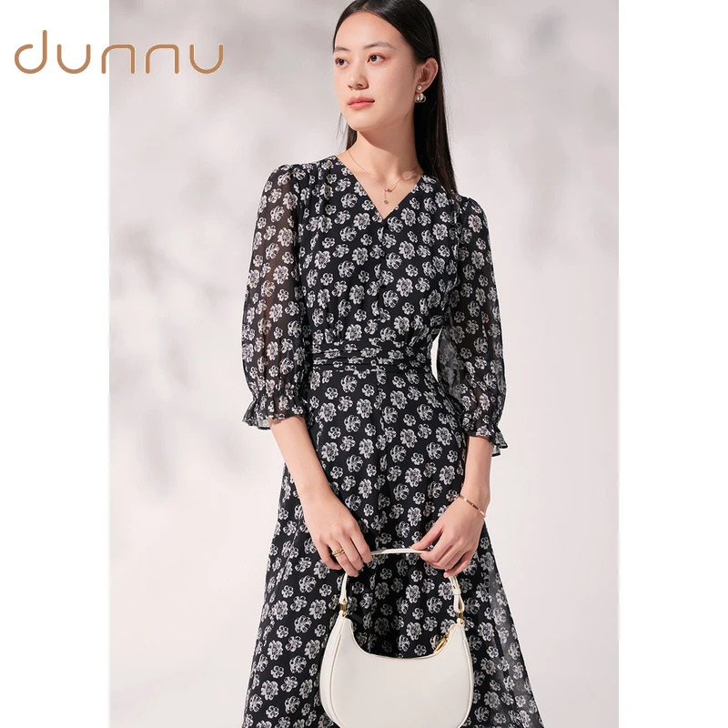 dunnu敦奴轻奢泡泡袖碎花连衣裙FT150106